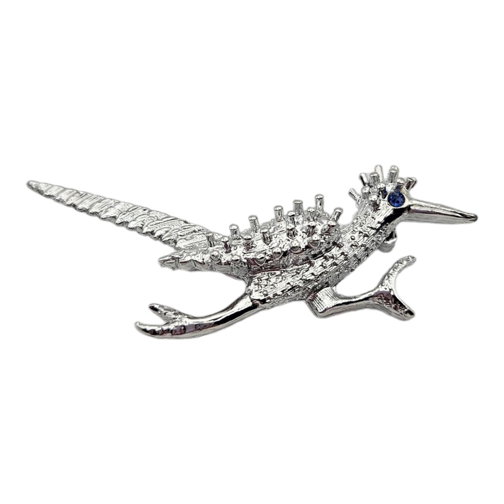 Roadrunner Brooch Pin Silver Tone Rhinestone
